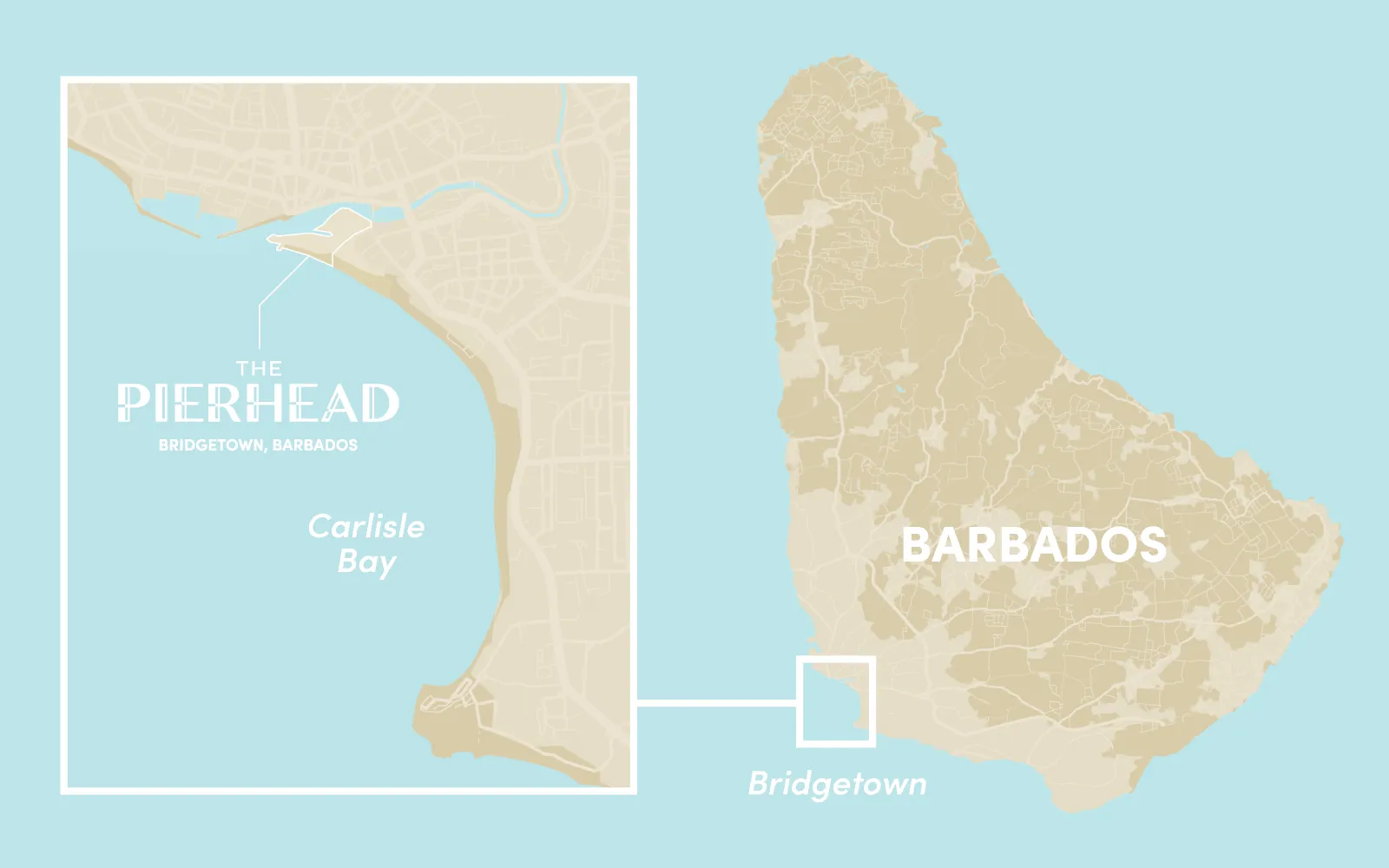 2d-barbados-map-the-pierhead Zoomed-in portrait map of The Pierhead location in Bridgetown and Carlisle Bay, with a line leading to a zoomed-out view of Barbados showing Bridgetown’s location on the island.