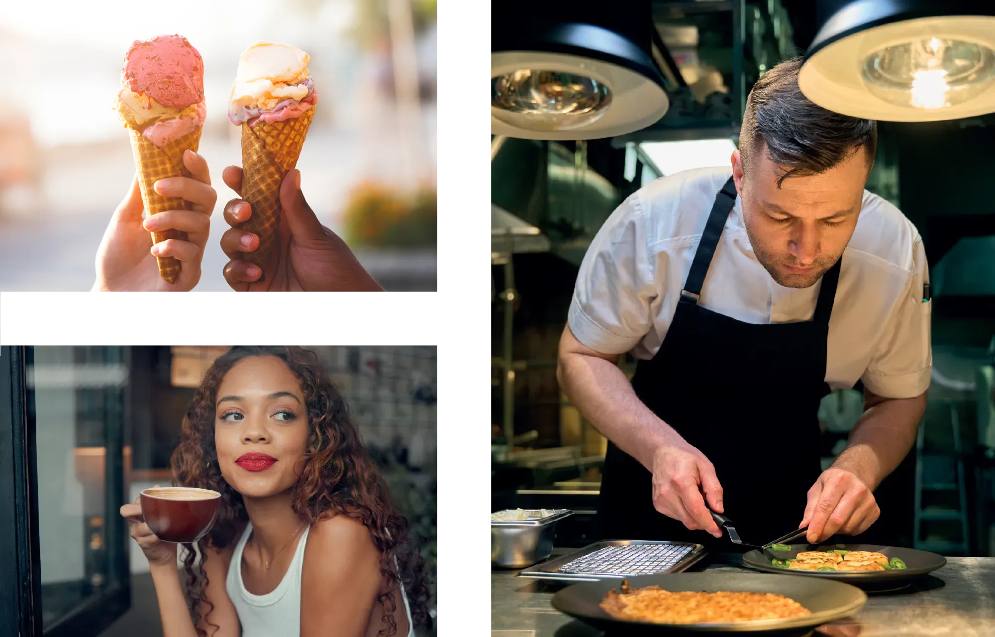 lifestyle images, ice cream cones, woman enjoying a cup of coffee and a chef preparing a plate of food
